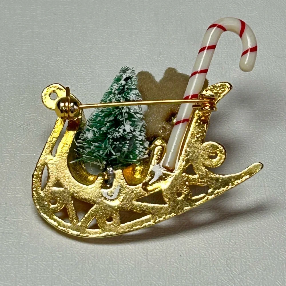 Vintage Gold Sleigh Teddy Bear Candy Cane Rhinestone Snowball Holiday Brooch Pin